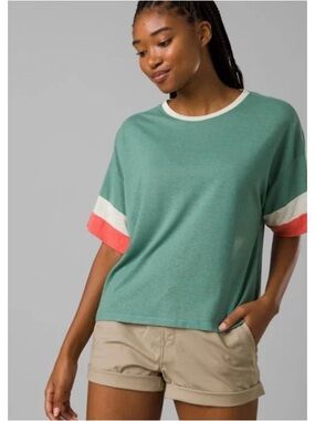 Prana Green Short Sleeve Tee with Coral and White Sleeve Bands